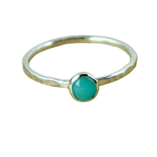 Amazonite Hammered Band Stacking Ring – 925 Sterling Silver Stacking Ring with 4mm Blue Green Cabochon Stone – Stackable Ring Gift For Her
