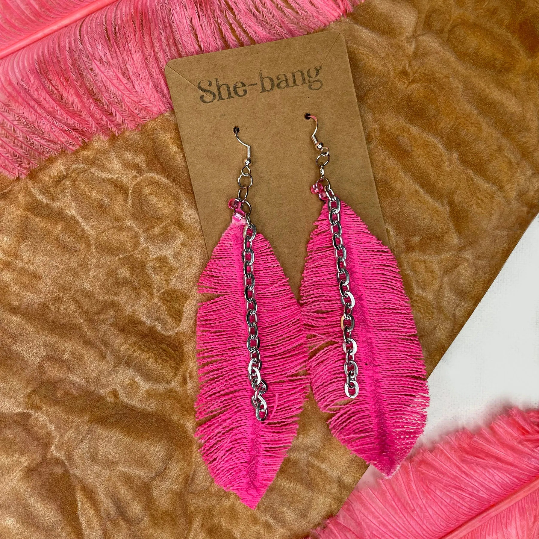 Boho Pink Feather Denim Earrings