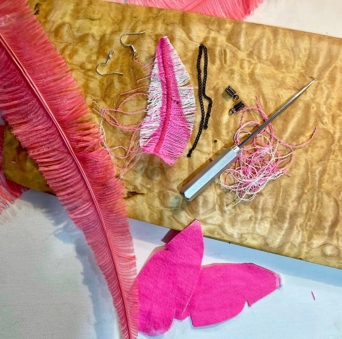 Boho Pink Feather Denim Earrings