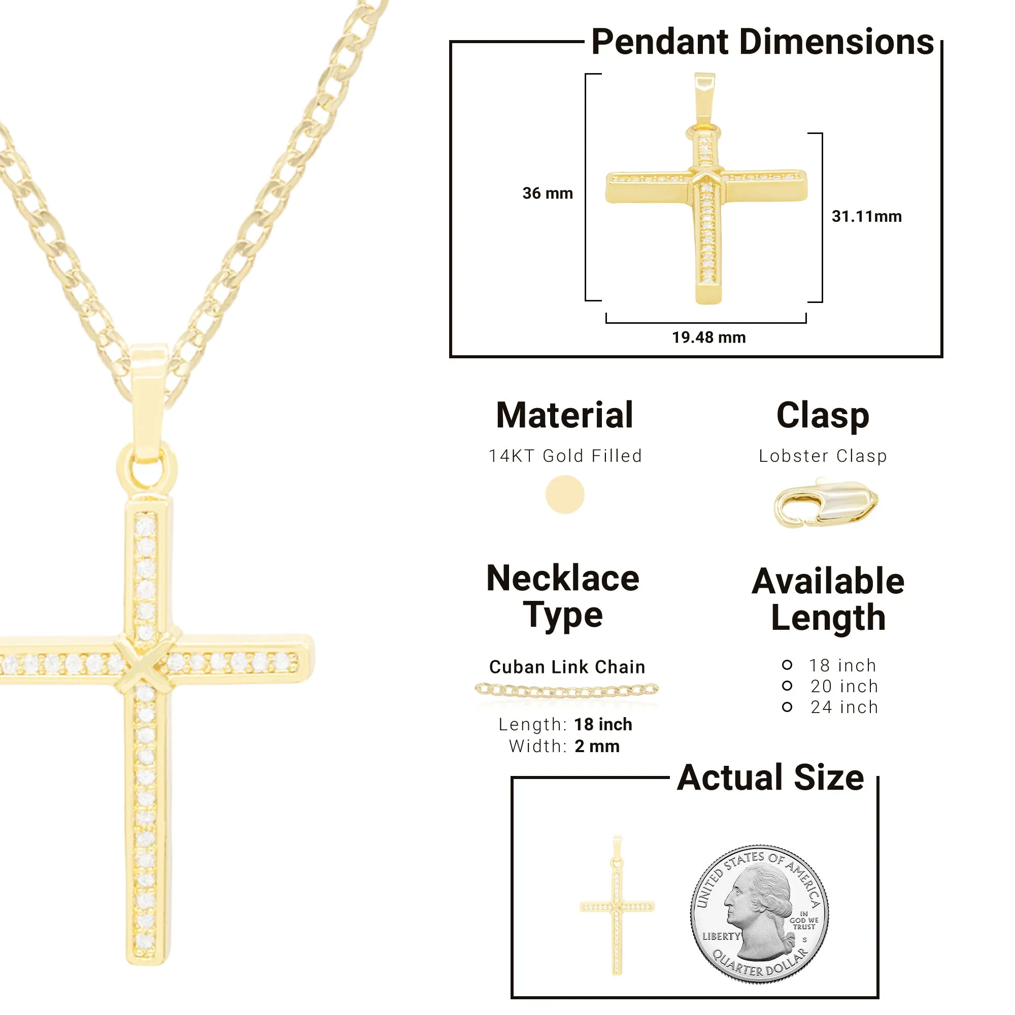 Cross 7 Cubic Zirconia Pendant 14K Gold Filled Chain Necklace Set