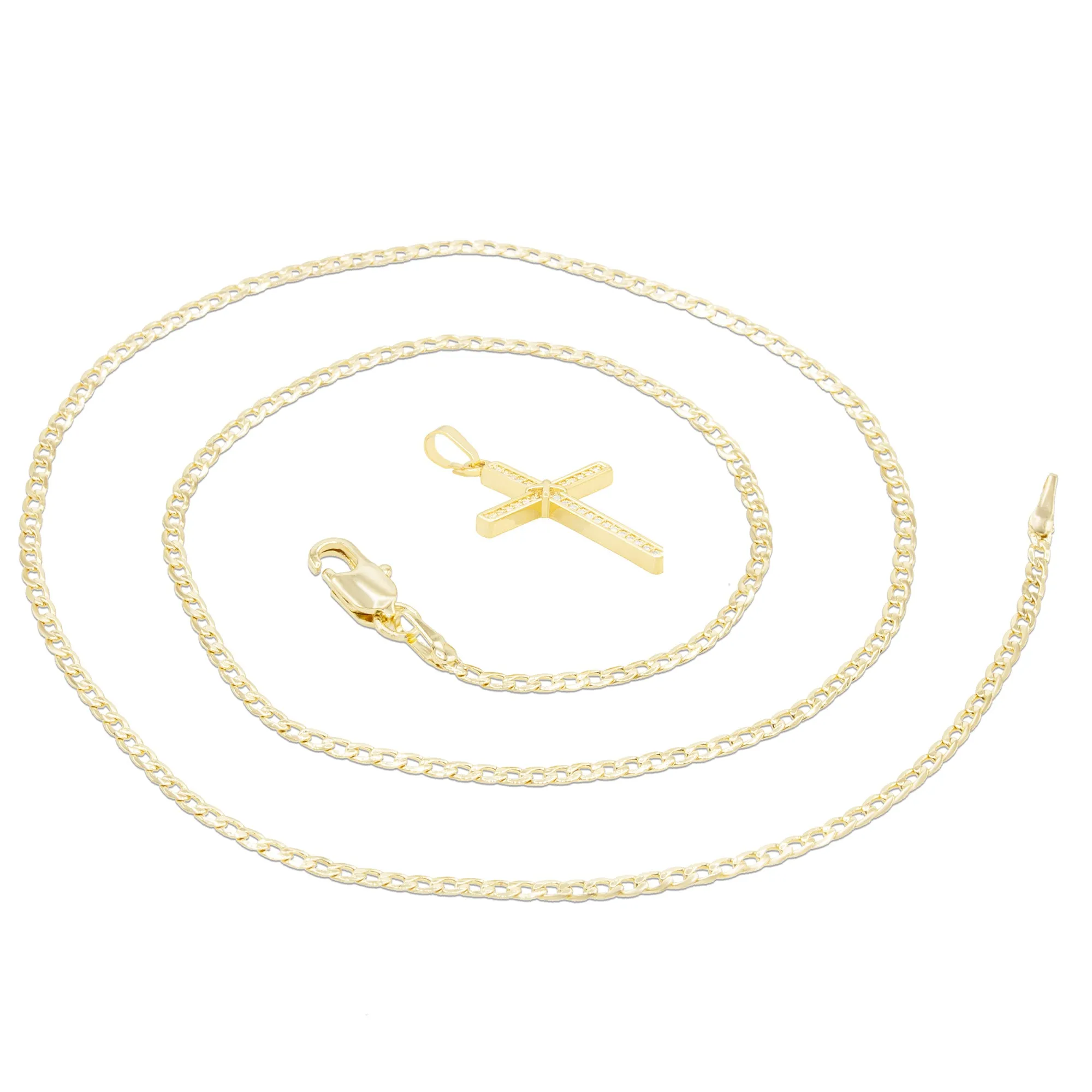 Cross 7 Cubic Zirconia Pendant 14K Gold Filled Chain Necklace Set