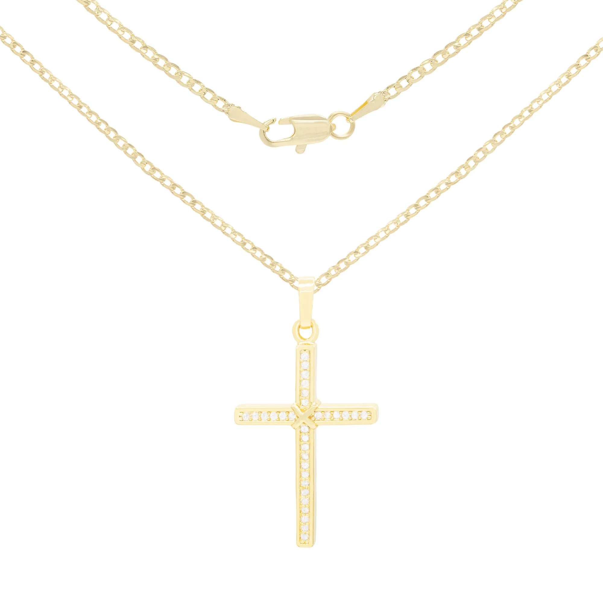 Cross 7 Cubic Zirconia Pendant 14K Gold Filled Chain Necklace Set