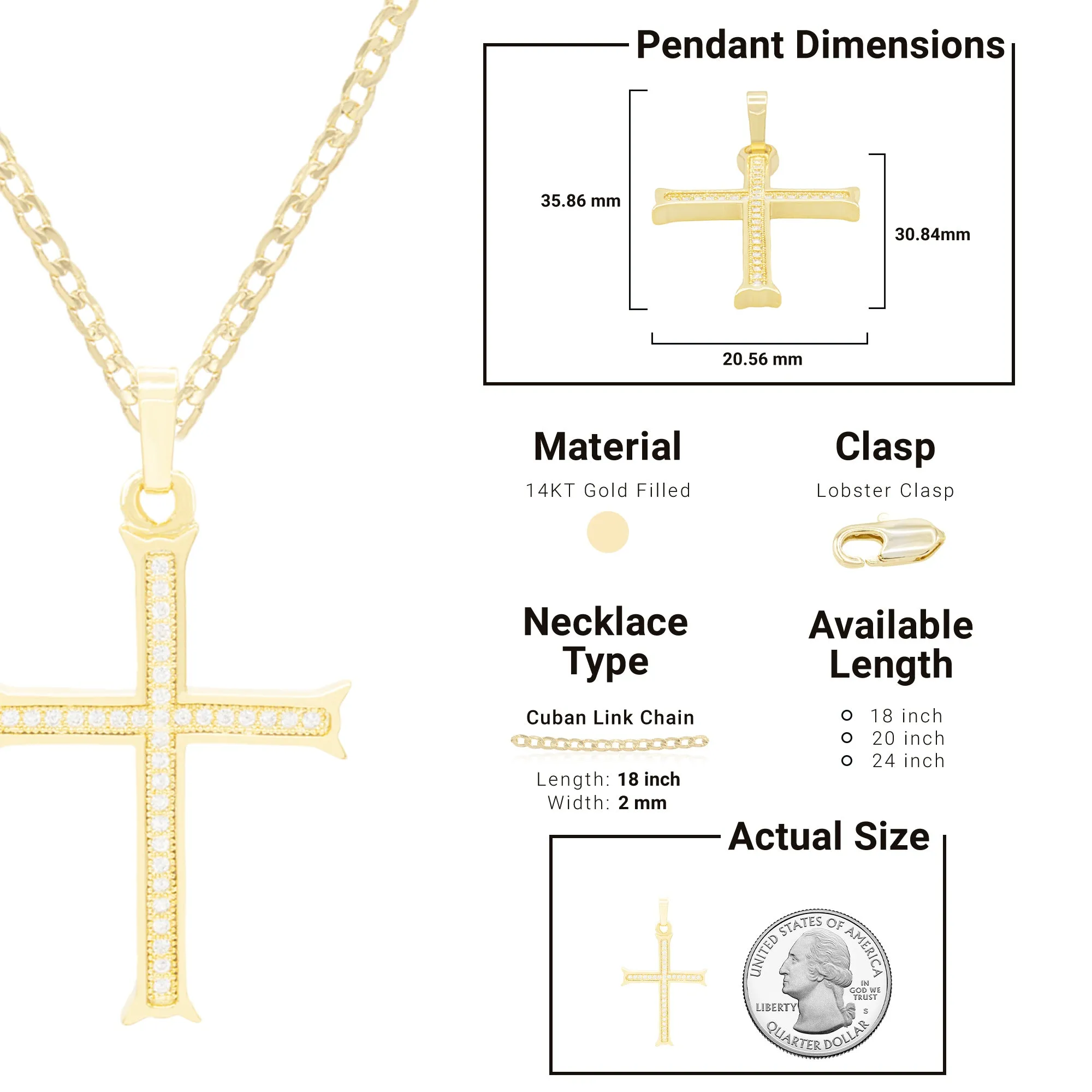 Cross 8 Cubic Zirconia Pendant 14K Gold Filled Chain Necklace Set