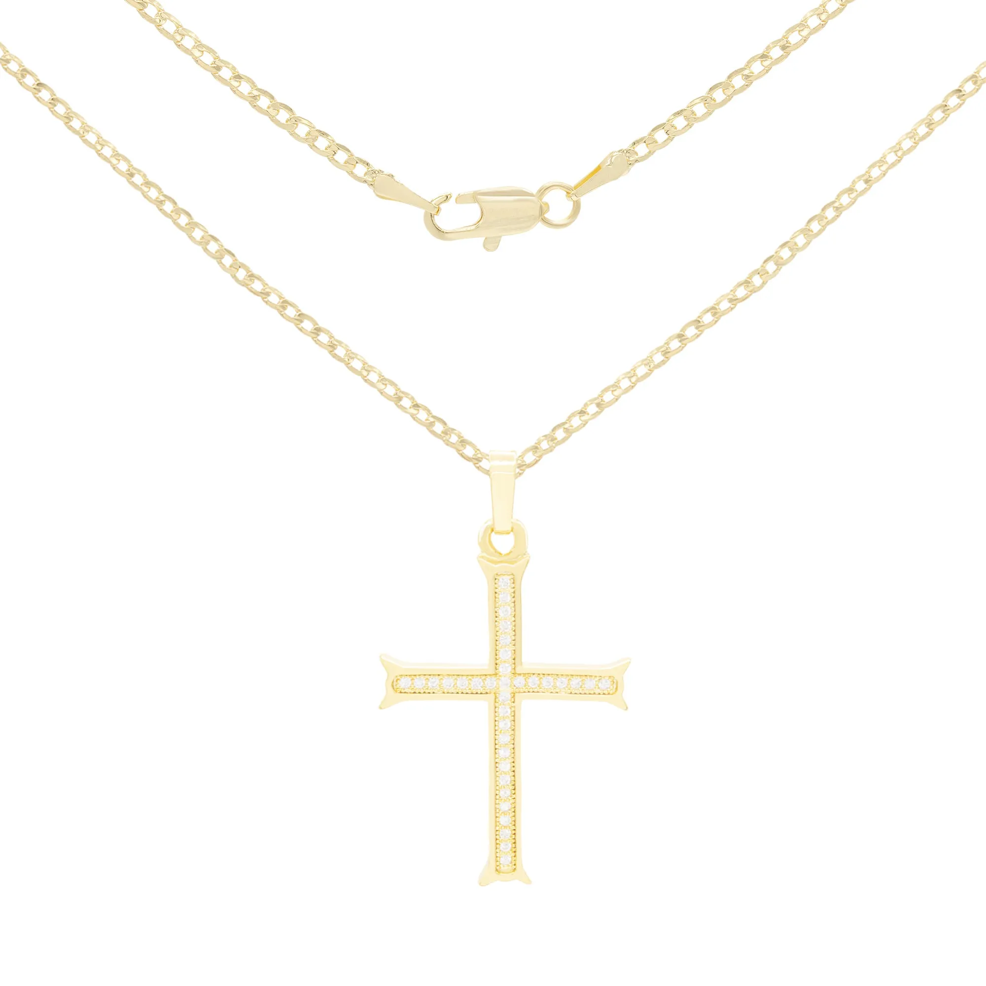 Cross 8 Cubic Zirconia Pendant 14K Gold Filled Chain Necklace Set