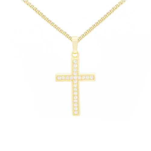 Cross 9 Cubic Zirconia Pendant 14K Gold Filled Chain Necklace Set