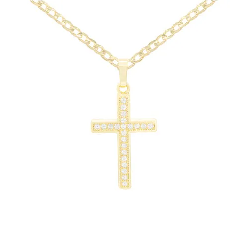 Cross 9 Cubic Zirconia Pendant 14K Gold Filled Chain Necklace Set