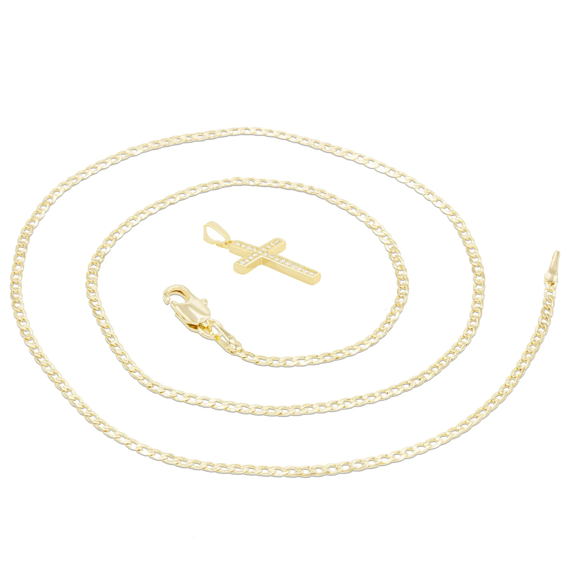 Cross 9 Cubic Zirconia Pendant 14K Gold Filled Chain Necklace Set