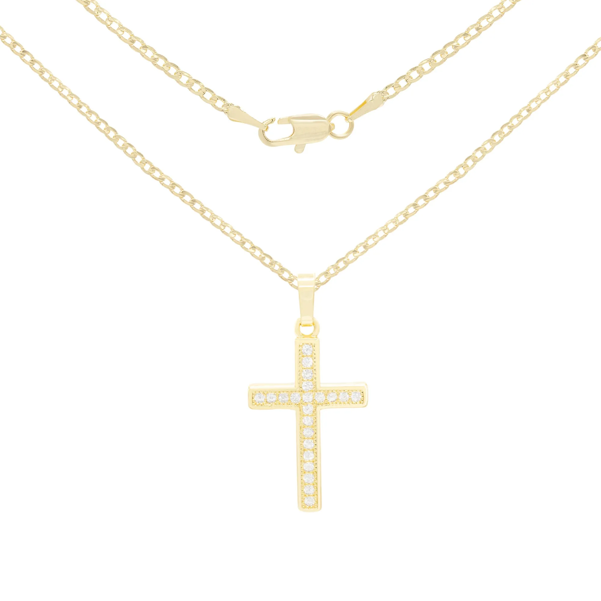 Cross 9 Cubic Zirconia Pendant 14K Gold Filled Chain Necklace Set