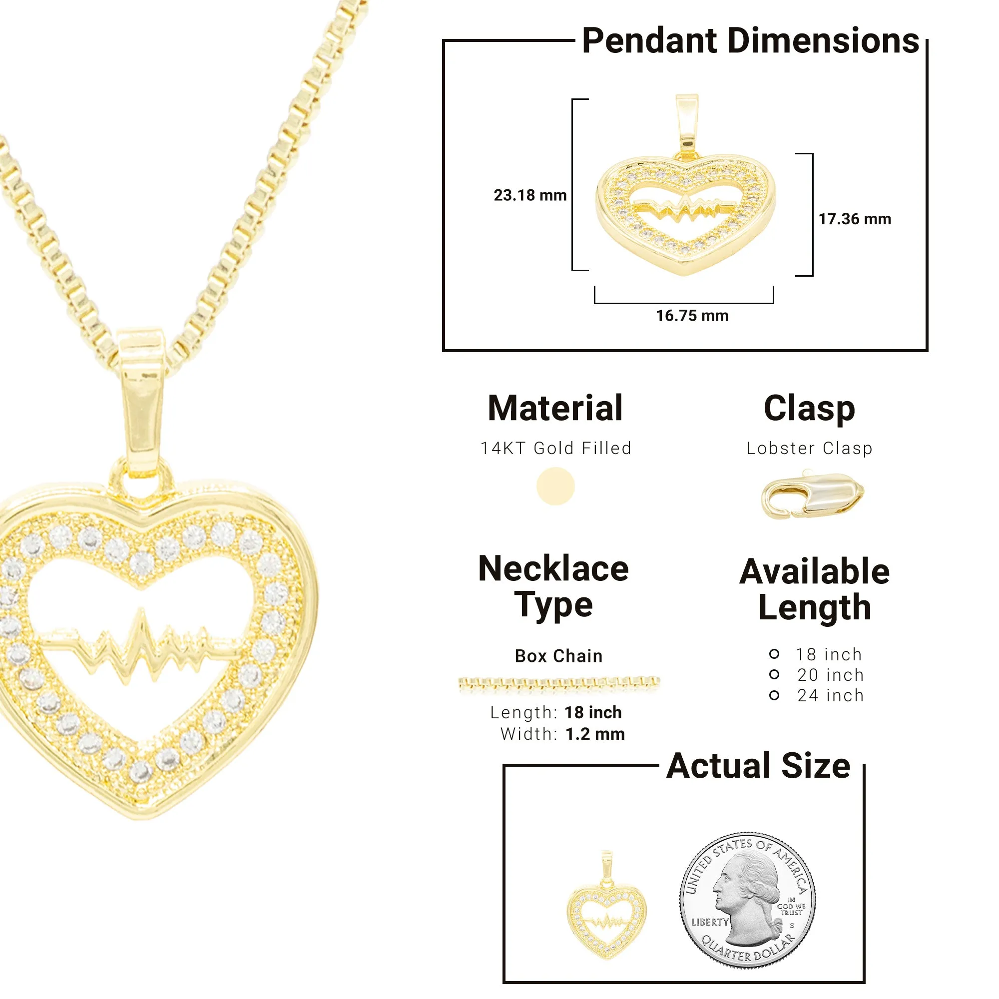 Cubic Zirconia 14K Gold Filled Pulsing Heart Pendant Necklace Set