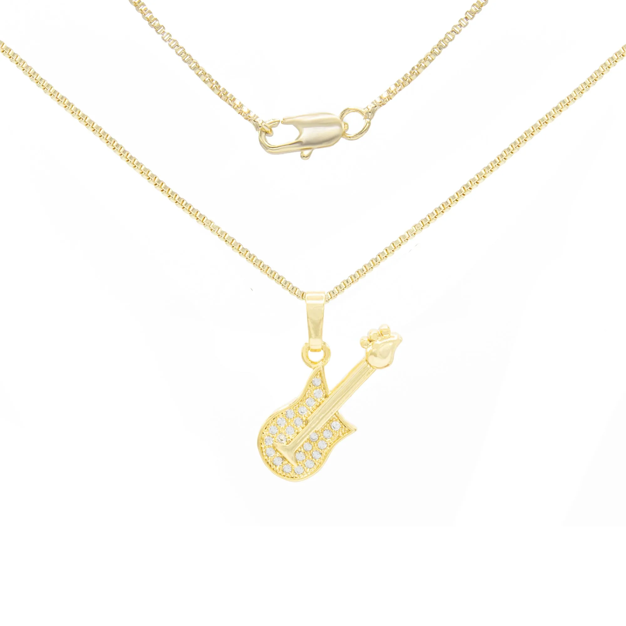 Cubic Zirconia 14K Gold Filled Rock Guitar Pendant Necklace Set