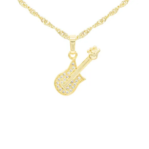 Cubic Zirconia 14K Gold Filled Rock Guitar Pendant Necklace Set