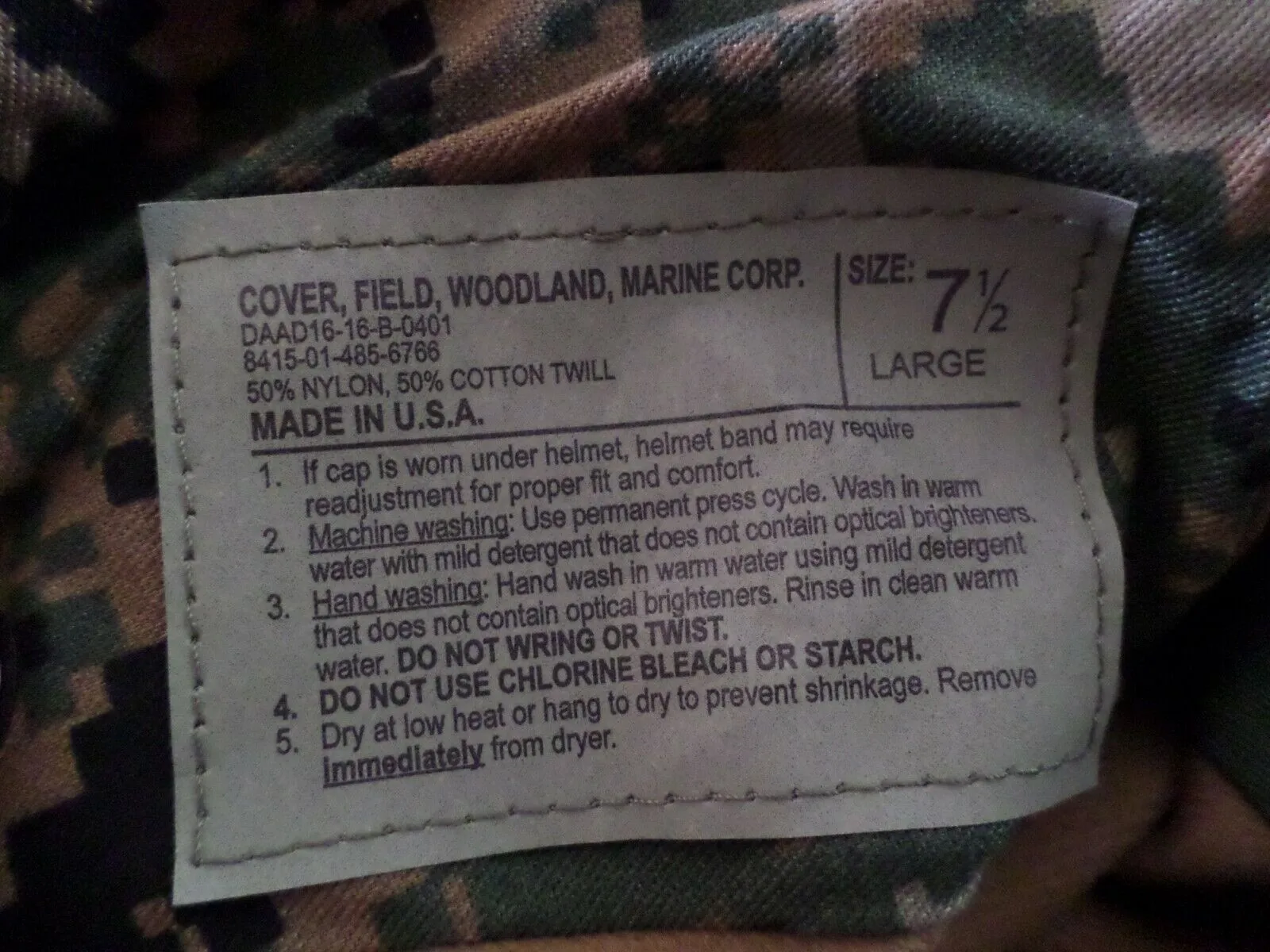 MARINE CORPS BOONIE HAT USMC DIGITAL WOODLAND MARPAT CAMOUFLAGE LARGE 7.5 USA