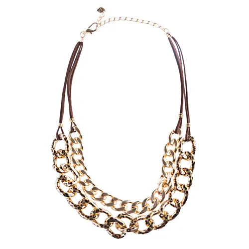 Modern Fashion Dainty Gold Plate Chain And Faux Leather Necklace Set JN226 Brown