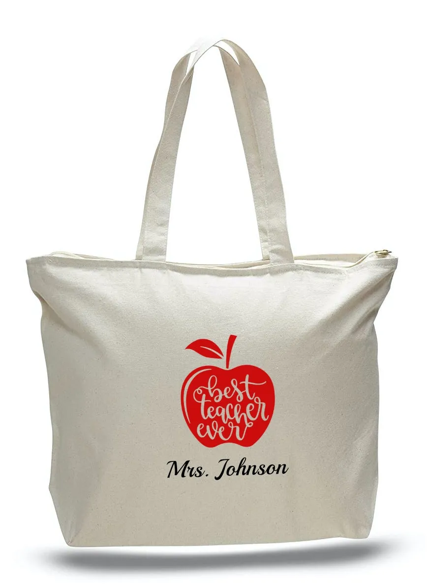 Personalized Teacher Tote Bags with Zipper, Teachers Gifts, Large Canvas Totes TE101