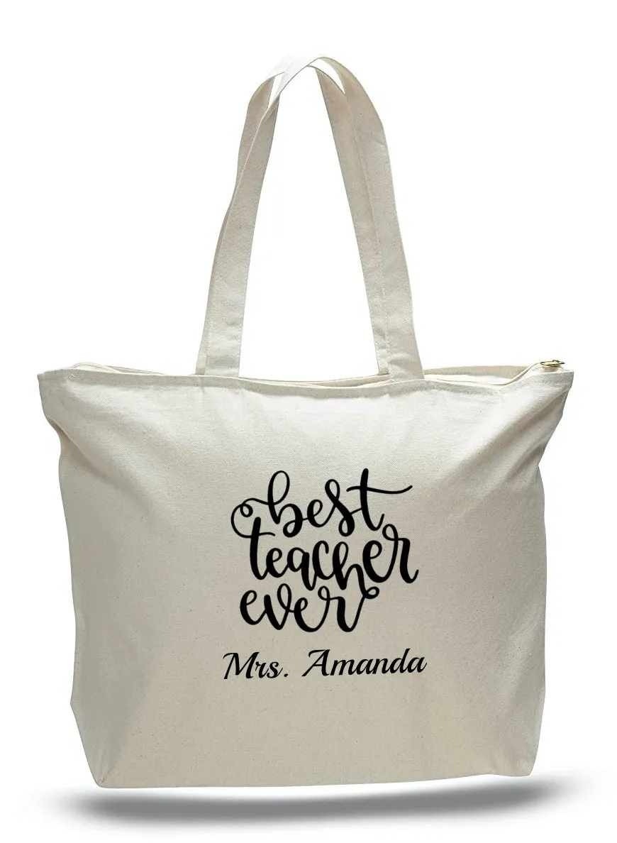 Personalized Teacher Tote Bags with Zipper, Teachers Gifts, Large Canvas Totes TE102