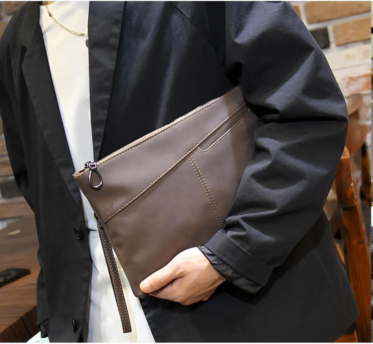 Skycare Leather Handbags for Men Large Purse Clutch Bag Black
